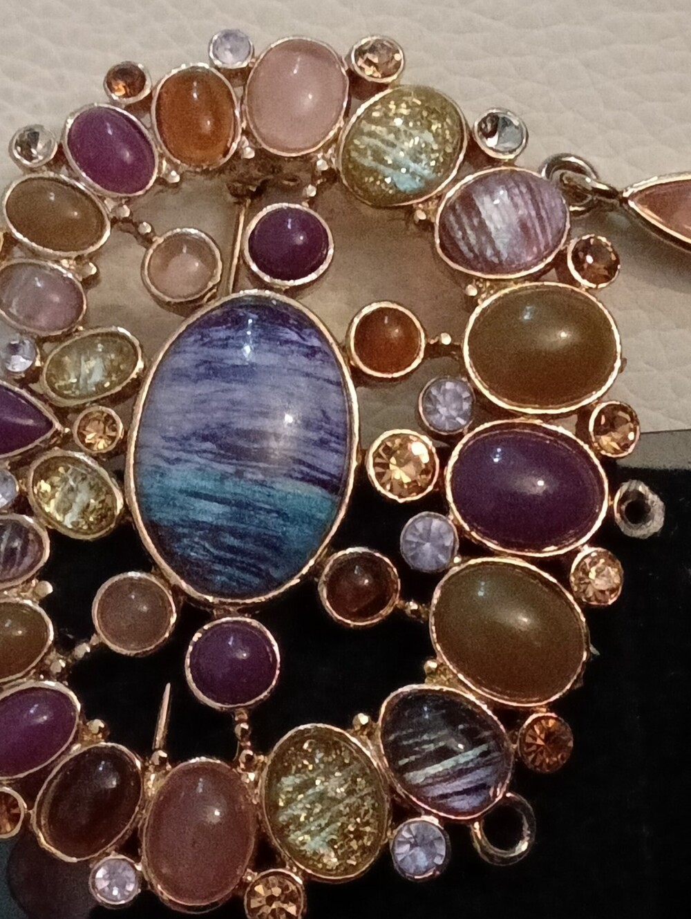 Colorful Multi-Stone Statement Pendant/Brooch Vintage- Purple, Blue, Gold, Brown